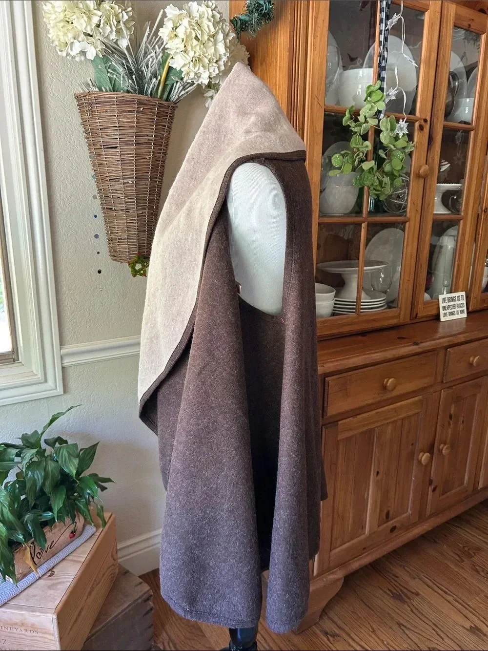Reversible Brown and Cream Shawl-Collar Wrap